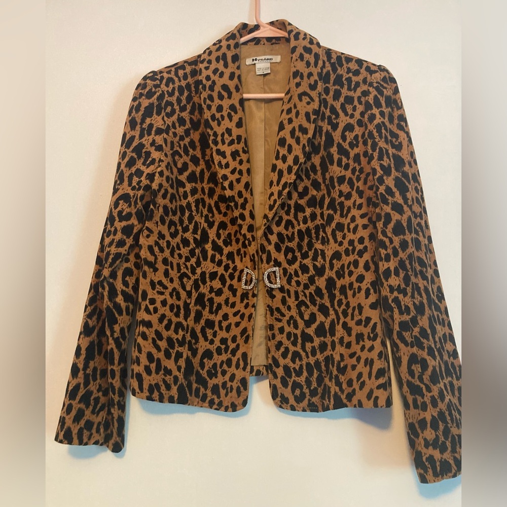 PETER NYGARD Leopard Print Blazer Rhinestone Closure Size 8 Animal Print Jacket